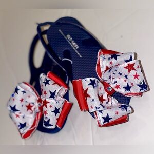 Navy blue flip flops with handmade patriotic bows
